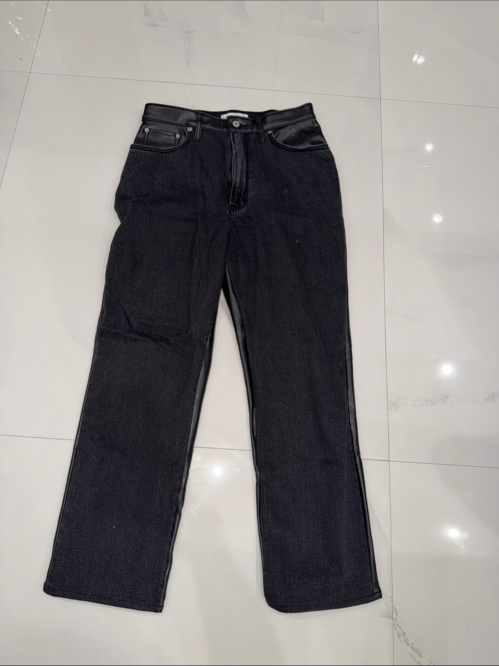 Abercrombie & Fitch Black Straight-Leg Jeans with Faux-Leather Trim